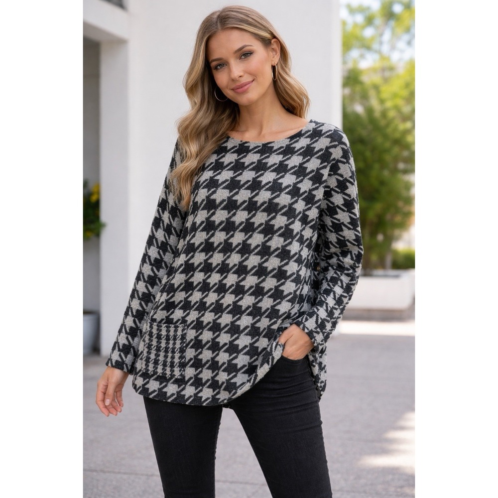 J. Jill Women's Sz Large Houndstooth Knit Sweater Tunic Top Long Sleeve Pocket